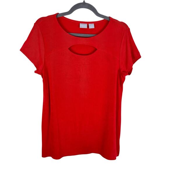 Chico's Traveler's Red Acetate Liquid Knit Cap Sleeve Cutout Stretchy Blouse M - Picture 1 of 7